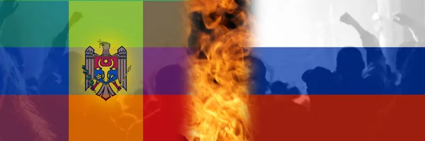 Defocus Protestu Mołdawii Flaga Mołdawii Flaga Rosji Namalowana Tle Wielu — Zdjęcie stockowe