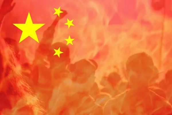 Protests China. Chinese real estate and debt crisis. Zero covid and lockdown protest in China. Crowd people. Revolution demonstration. Communism. Kill protesters. Red flag people. Economy. Fire flame.