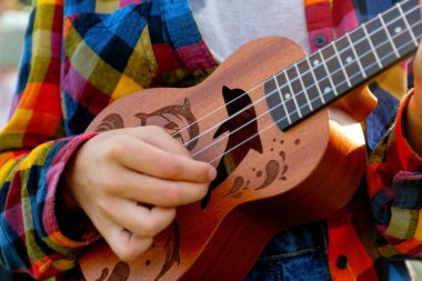 Yunusların ahşap dizaynı. Defocus denen kadın ukulele çalmayı öğreniyor. Kız konserden önce minyatür gitar çalar. Dışarı çıkın. Odaklanamıyorum.