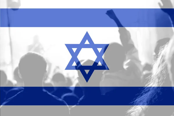 抗议以色列特拉维夫 以色列国旗 在以色列抗议2023年 手举起来国防部长 世界政治危机 世界战争 注意力不集中 — 图库照片