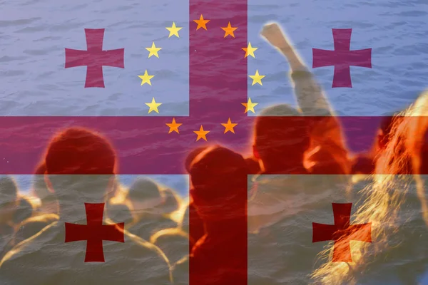 Europeiska Unionens Flagga Georgien Konfliktkrig Över Gränserna Eld Lågor Georgiens — Stockfoto