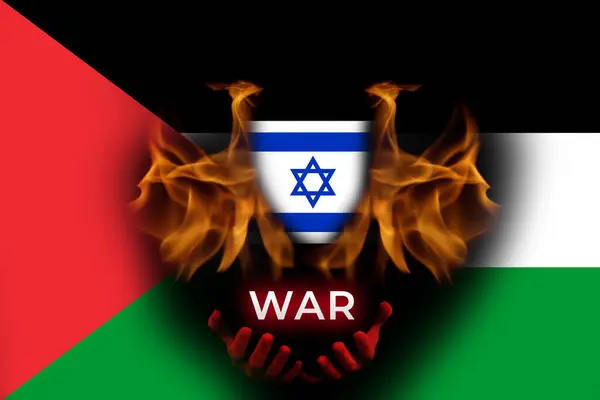 Palestine Israel war. Banner for design. Text. Demon evil holding Israel flag. Flame and fire. Palestine flag background.