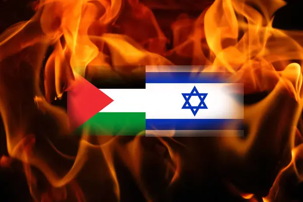 Flags of Israel and Palestine on fire flame background. Concept of the Conflict between Israel and the Palestinian Authorities. Palestine Israel war.