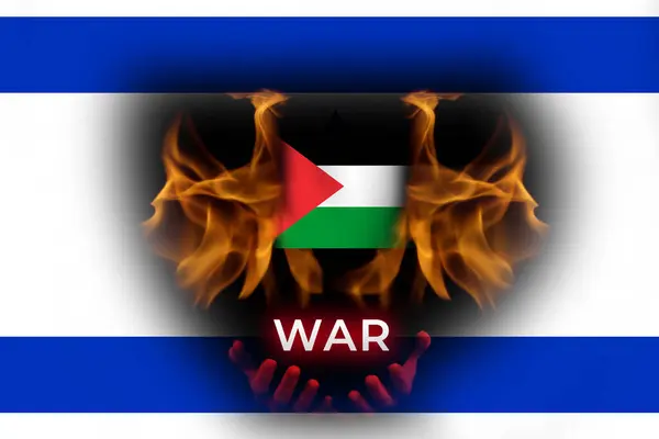 Palestine Israel war. Banner for design. Text. Demon evil holding Palestine flag. Flame and fire. Israel flag background.