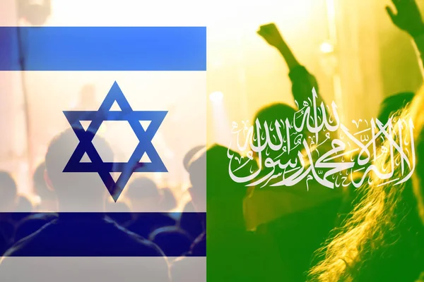 Izrael Hamás Vlajky Lidovém Protestu Pozadí Izrael Hamás Vlajky Společně Stock Fotografie