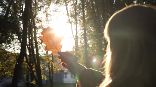 こんにちは秋コンセプト 日当たりの良い秋の日にオークの木の葉を持っている女性 メンタルヘルス 幸福の概念 ドリーム秋 平和ライフスタイル フォールパークや森の日光 抽象的なスローモーションショット — ストック動画