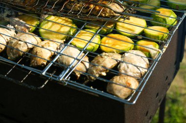 Sağlıklı yaz yemekleri: mangalda ızgara kabak ve sebze. Yaz pikniğinde ızgara kabak ve çeşitli sebzeler..