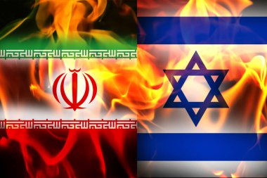 Conflict between Iran and Israel. Iran Israel war concept. Flags on flame. flames of war in the Middle East. clipart