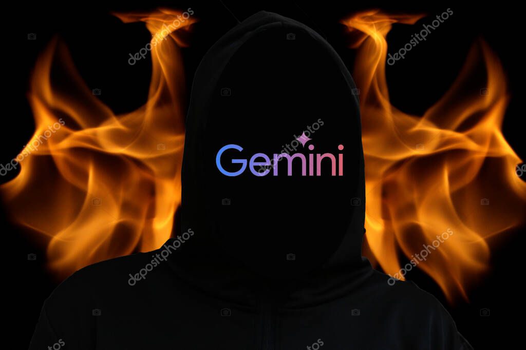 Hacker exploiting Gemini AI for a scam, operating incognito. Digital flame symbolizing an AI-powered scam.
