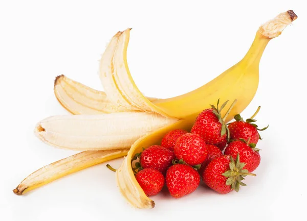 Відкритий Банан Полуниця Ізольовані Білому Тлі — стокове фото