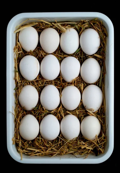 トレイの中の新鮮な農場の鶏の卵は藁の上に横たわっています — ストック写真