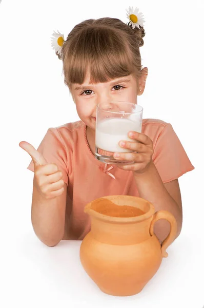 Girl Drinks Milk White Background — Stock Photo, Image