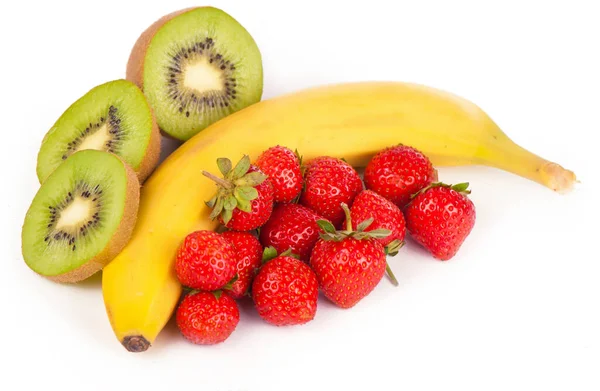 Bananas Kiwi Strawberry Lose Isolated White Background — Stock Photo, Image