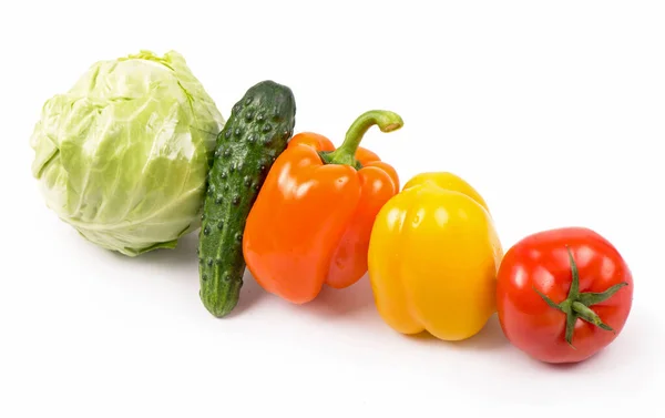 Vegetables White Background Cabbage Cucumber Tomato Pepper — Stock Photo, Image