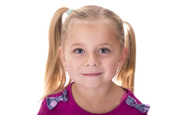 Portrét Šťastného Usmívajícího Dítěte Dívka Bílém Pozadí — Stock fotografie