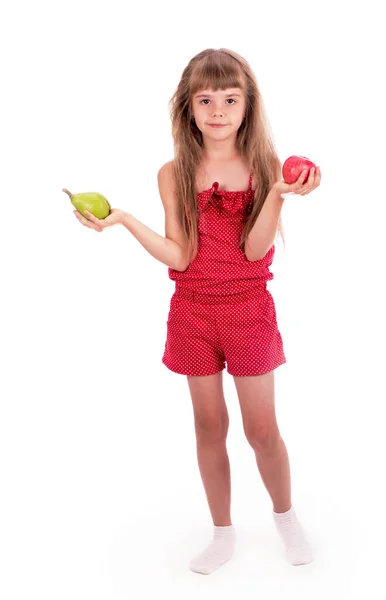 Close Portrait Little Girl Holding Fruits Apples Pear — 图库照片