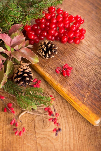 Branches Holly Pine Cones Mountain Ash Berries Wooden Background — Zdjęcie stockowe