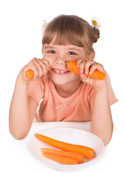 Cute Little Girl Carrot Child Offers Carrot White — Stock Photo, Image