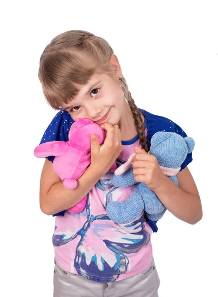 Kleines Mädchen Mit Einem Teddybär Vereinzelt Auf Weißem Hintergrund Mädchen — Stockfoto