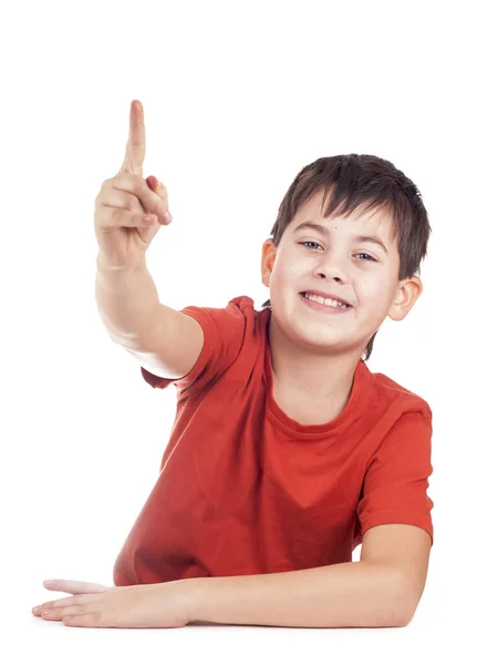 Portret Chłopca Podnosząc Ręce Białym Tle — Zdjęcie stockowe