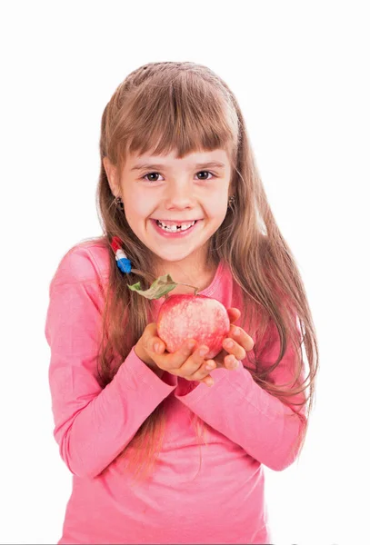 Close Portrait Little Girl Holding Fruits Apples Pear — Foto Stock