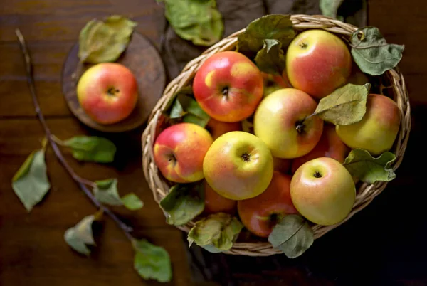Top View Ripe Apples Wooden Table Basket — Zdjęcie stockowe