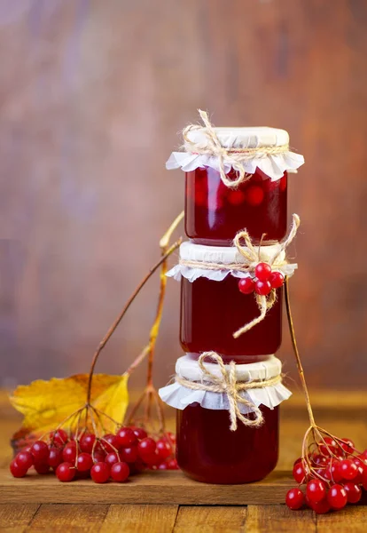 Viburnum Fruit Jam Glass Jar Wooden Table Preparations Winter — стоковое фото