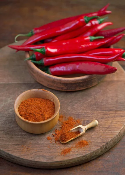 Fresh Red Chili Peppers Wooden Board Chili Background —  Fotos de Stock