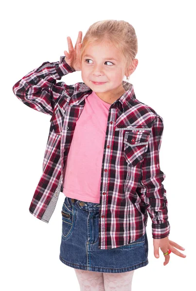 Studio Shot Portrait Thoughtful Little Girl Who Eavesdropping Copy Space — Photo