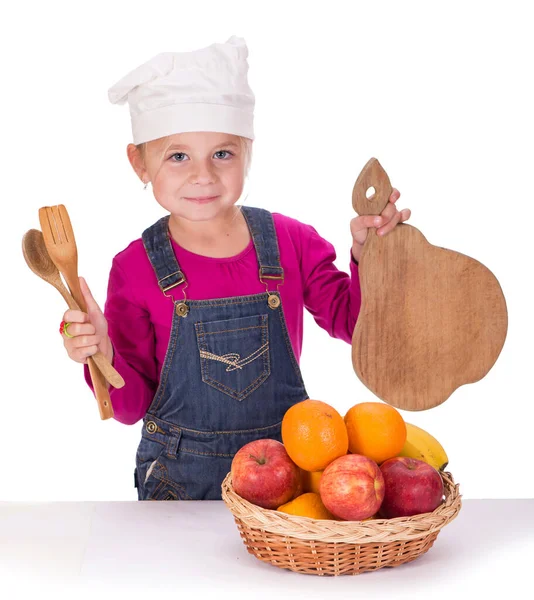 Close Portrait Little Girl Holding Fruits Kitchen Appliances — Stockfoto