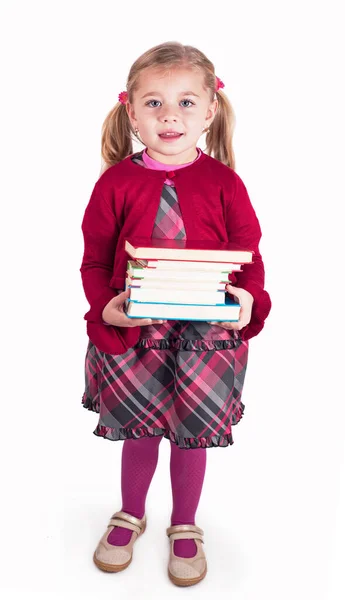 Küçük Kız Okula Izole Dönmek Için Hazırlık Kitapları Holding — Stok fotoğraf