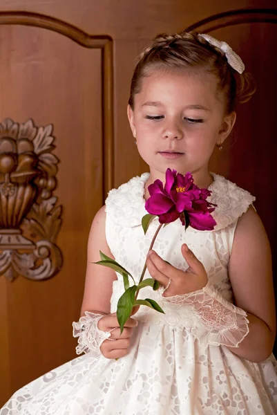 Girl Holding Peonies Bouquet Wooden Background — ストック写真