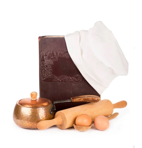 Aşçı Şapkası Beyaz Arka Planda Yemek Kitabı — Stok fotoğraf