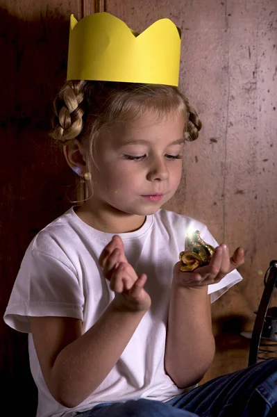 公主与玩具青蛙 可爱的小女孩和一只玩具青蛙玩耍 假装是公主 — 图库照片