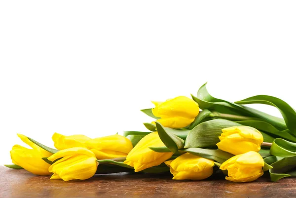 Žluté Tulipány Leží Dřevěné Desce Bílém Pozadí — Stock fotografie