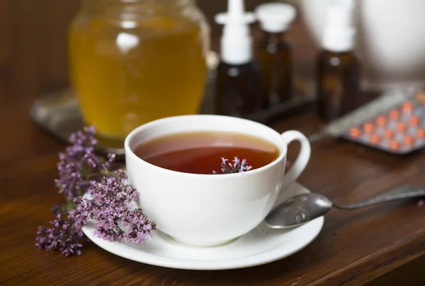 Still Life Medicinal Herbs Honey Herbal Tea Medicines Wooden Background — Stock Photo, Image