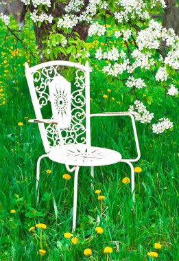 Bahçedeki sandalye Armut çiçeklerinin altında