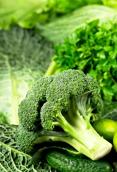 Green Background Bright Still Life Still Life Fresh Cabbage Broccoli — Stock Photo, Image