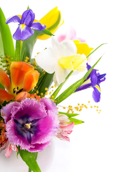 Яркий Весенний Букет Белой Вазе Весенние Цветы Нарциссы Тюльпаны Гиацинты — стоковое фото