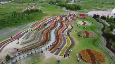 Avrupa, Kiev bölgesi, Ukrayna - Mayıs 2021: COVID-19 karantinası sırasında insanlar parlak bir parkta yürüyorlar. Dobropark 'ta bir sürü çiçek açan lale var. İnsanlar fotoğraf çeker..