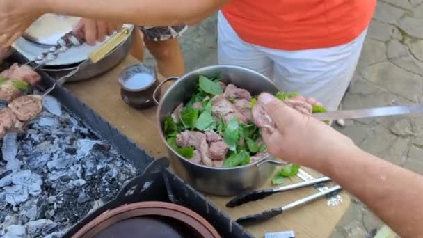 Gran Grupo Amigos Felices Divierten Cocinan Barbacoa Para Una Cena — Vídeo de stock