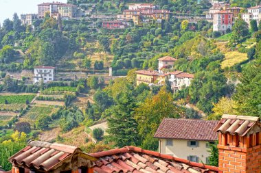 Tepelerdeki güzel binalar. Bergamo. Güzel, panoramik manzara. İtalya 'ya seyahat. Yeşil Yaz Manzarası.