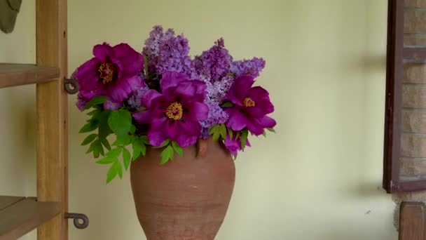 在一个大的粘土花瓶里 立着一株牡丹和丁香枝叶的紫色的大花 从敞开的窗户可以看到丁香丛 — 图库视频影像