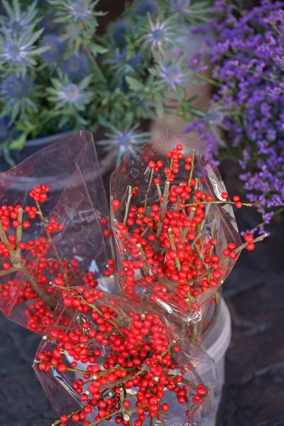 圣诞红莓花束在花店出售 免版税图库图片