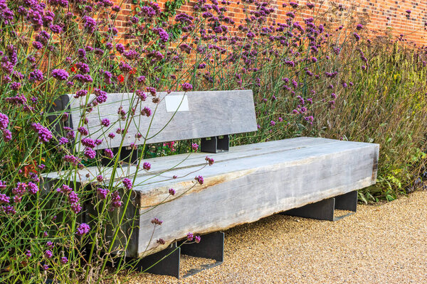 Artisan garden bench made of solid timber in a walled garden with tall flowering plants of Verbena bonariensis.