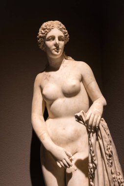 Antalya, Türkiye - 17 Ocak 2024: Türkiye 'nin Antalya kentindeki Arkeoloji Müzesinde sergilendiği gibi, Afrodit' in Greko Roma heykeli.