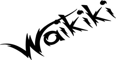 Benzersiz, dinamik bir yazı tipinde 'waikiki' sözcüğünün yer aldığı sanatsal illüstrasyon, turizm ve seyahat ile ilgili tasarım projeleri için mükemmel