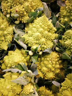 Yeni hasat edilmiş organik Romanesco brokoli çiftçi pazarında güzel bir kalıp oluşturuyor.