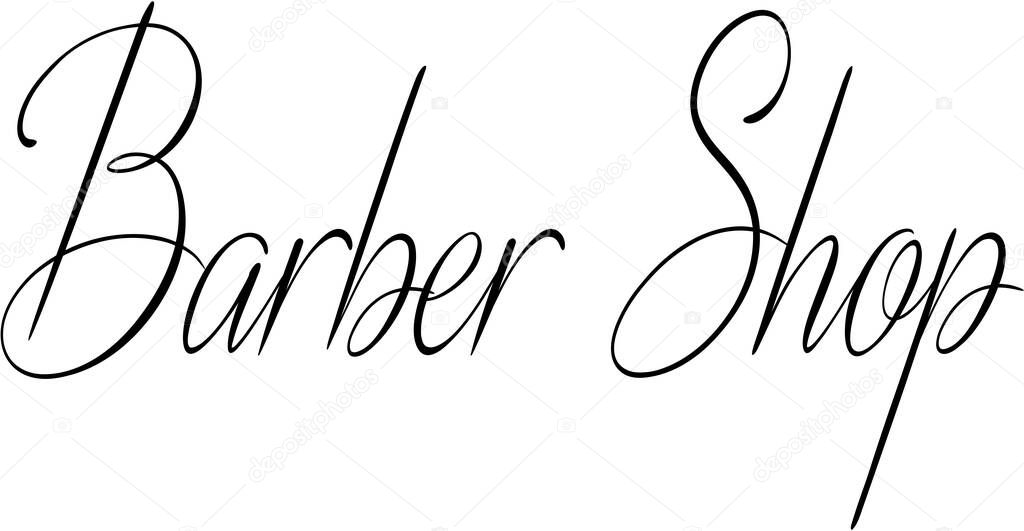 Classic script showcases the words barber shop with elegant, flowing lines, suitable for signage, logos, and branding