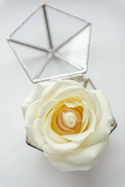 stock image Two gold rings lie inside a blossoming white rose bud. The rose lies in a silver box in the form of a pentagon on a white surface.